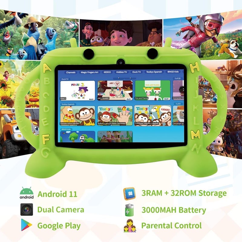 MengDash Kids Tablet, 7 inch Tablet with Case for Kids 2-10, Educational Learning Toddler Tablet Android 11, 3GB RAM+32GB ROM Storage, WiFi，Bluetooth，with Google Play YouTube, Baby Girl boy Present（Green） - Image 2
